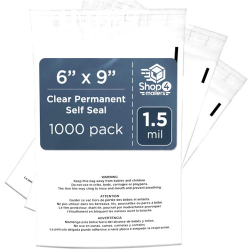 Shop4Mailers 6x9 Clear Poly Bag with Suffocation Warning – Self-Seal Adhesive, 1.5 Mil Clear Bag for FBA, Packaging Bags, Clothes Storage, & Shipping Bags – Permanent Seal Poly Mailers (Pack of 1000)