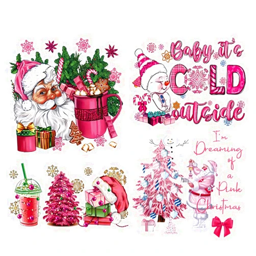 HAIMITI 4 Sheets Pink Christmas Iron on Transfers for T-Shirts Santa Claus Snowman Iron on Decals Patches Winter Xmas Heat Iron on Vinyl Stickers for Clothing Pillow Covers Hoodies Clothes DIY Decor