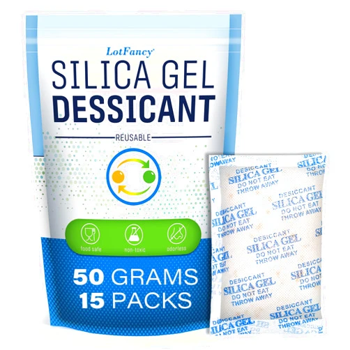 LotFancy Silica Gel Packets, 50 Gram 15 Packs Rechargeable Desiccant Packs for Storage, Moisture Absorber Drying Bags with Orange Indicator, Non-Toxic