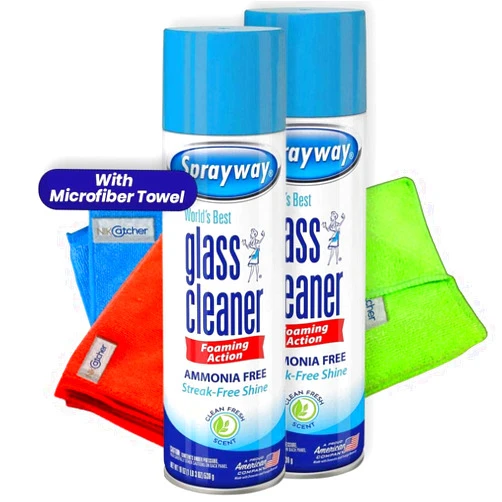 Nik-Less NikCatcher Bundle: Sprayway Glass Cleaner Bundle with NikCatcher Microfiber Cleaning Cloth Towels - Pack of 2 Foam Spray Cans and 3-Pack 16x16