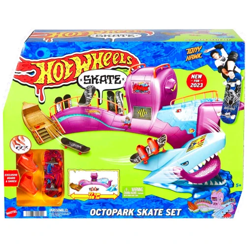 Hot Wheels Skate Octopus Skatepark Playset with Tony Hawk Fingerboard & Pair of Removable Skate Shoes, includes Storage
