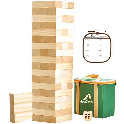 ApudArmis 54 PCS Tumble Timber Set [Stack to 3FT], Pine Wooden Tumble Tower Game with Dice and Scoreboard Set - Classic Block Stacking Board Game for Teens Children Teenagers