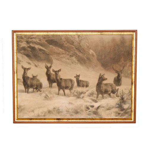 Custom Poster Vintage Winter Landscape Print, Deers in Scenes, Antique Animal Wall Art, Rustic Sketch Drawing Artwork, poster,240
