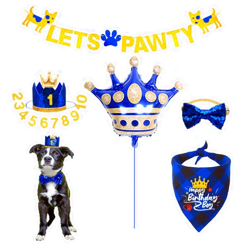 IDOLPET Dog Boy Birthday Party Supplies, Dog Birthday Bandana Scarf Bling Bling Cute Dog Bowtie Dog Party Crown Hat Banner Big Crown Shape Balloon for Small Medium Dogs Pets Puppies (Royal Blue)…
