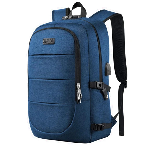 AMBOR 17.3 Inch Laptop Backpack, Anti Theft Business Travel Backpack with USB Charging Port and Headphone Interface, Water Resistant Computer Bag for Men & Women, Blue