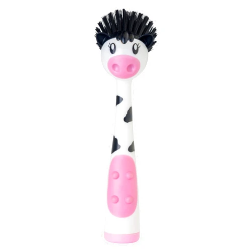 Vigar Moo Cow-Shaped Soap Dispensing Dish Brush, Dish Brush with Soap Dispenser for Pot Scrubber, Dishes, Sink, and Kitchen Essentials, White, Black