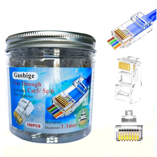 Gaobige 100-PACK RJ45 Pass Through Connectors, RJ45 Ends, Cat5 Cat5e Cat6 RJ45 Connectors for Solid Wire and Standard Cable - 100 Pack (1.1mm UnShielded RJ45 Pass Through Connector)