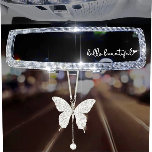 Forala 3 Packs Bling Car Rear View Mirror with Crystal Butterfly Rearview Mirror Accessories for Women Interior Universal Clip-on Wide Angle Rear View Mirror (White)