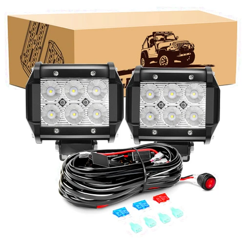 GOOACC 2PCS 18W LED Pods Flood Light Bar Fog Light Driving Lighting with 16AWG Off Road Wiring Harness-2 Leads for Truck Golf Cart SUV ATV UTV Boat, 2 Years Warranty