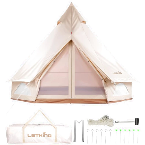 LETKIND 10ft Canvas Bell YurtTent with Stove Jack, 4 Season Waterproof Camping Glamping Tent 4/6 Person Luxury Outdoor Glamping Yurt for Camping, Cotton Bell Tent for Winter Camping for Hunting Party