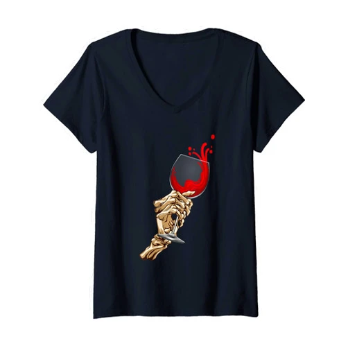 COol Skull & Skeleton Tatto Arts Halloween Gifts Womens Skeleton Hand Holding Red Wine Glass Hallowine Halloween V-Neck T-Shirt