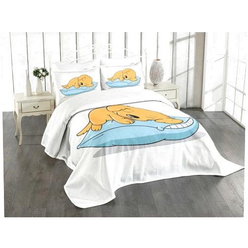 Ambesonne Golden Retriever Bedspread Set, Puppy Sleeping on a Pillow in Cartoon Style Composition, 3 Piece Decorative Bedding Coverlet and 2 Pillow Shams, King Size, Pale Orange Pale Blue