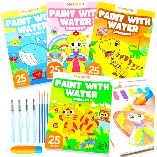 Shuttle Art Paint with Water Coloring Book for Kids, Pack of 4, 100 Sheets Watercolor Paint Set for Kids Ages 3-5, 4-8, Mess Free Travel Art Supplies, Birthday Christmas Craft Gift