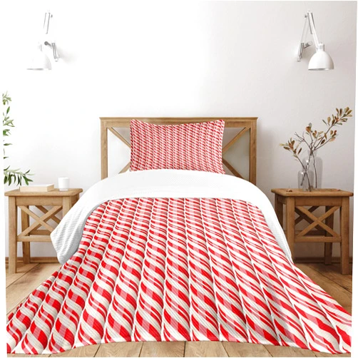 Ambesonne Candy Cane Bedspread, Red Christmas Candies Pattern with Diagonal Stripes Traditional Winter Sweets, Decorative Quilted 2 Piece Coverlet Set with Pillow Sham, Twin Size, Cream Red