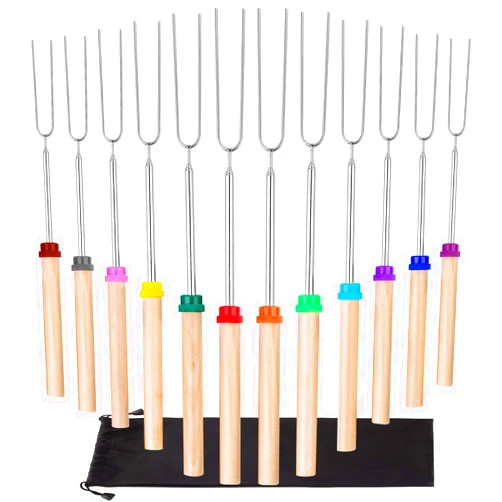 Argthjy 12Pack Marshmallow Roasting Sticks Telescoping Campfire Roasting Skewers Extendable 32Inch Long Wooden Handle Hot Dog Forks Smore Sticks Skewers for Fire Pits