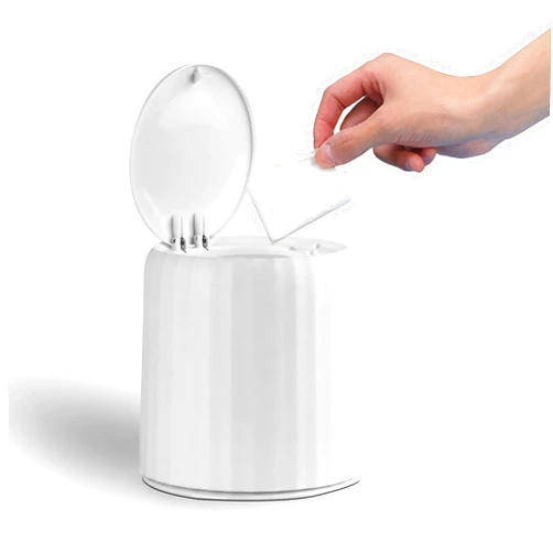 HTERDR 0.3 Gal Mini Desktop Trash Can with Lid for Office Countertop, Small Wastebasket for Coffee Table/Desktop Dresser/Tabletop, Tiny Garbage Bin, Plastic, White