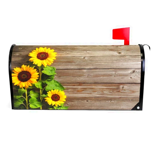 Wamika Beautiful Sunflowers Mailbox Cover - Vintage Wood Board Magnetic Fall Autumn Flower Mailbox Wraps - Standard Size 18