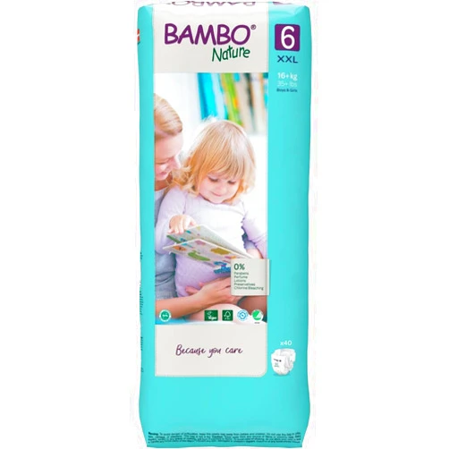 Bambo Nature Hypoallergenic Green Bag Baby Diapers, Eco-Labeled Diapers, Enhanced Leakage Protection, Totally Chlorine-Free, Skin Friendly, and Super Absorbent - Size 6 (40 Count)