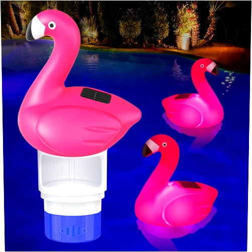 Uekars Solar Pool Chlorine Floater, 7'' Flamingo Chlorine Floater with Light, Glow in The Dark Chlorine Tablet Floater, Adjustable Release & Easy Opening Floating Chlorine Dispenser