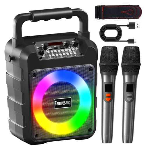 Famiresang Karaoke Machine for Adults - Portable Bluetooth Karaoke Speaker with Two Wireless Microphones, PA System Speaker Supports TF Card/USB, AUX in, REC, Bass & Treble for Party/Meeting