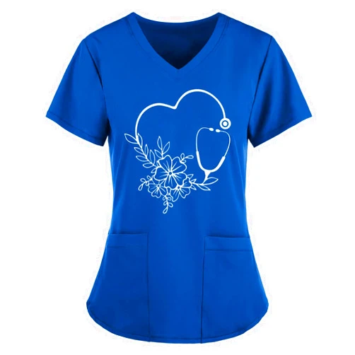 JOAU Womens Scrub Tops Fashion Floral Love Printed Work Uniform T-Shirt V Neck Short Sleeve Nurse Tunic Blouse with Pockets