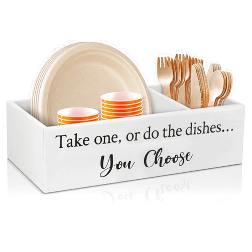 Cheeorry Kitchen Countertop Paper Plate Holder Utensil Caddy Organizer, Wooden Paper Plate Dispenser for Wedding, Party, BBQ, Rustic Kitchen Utensil Caddy for Cups, Forks, Spoons, Plates, Napkins
