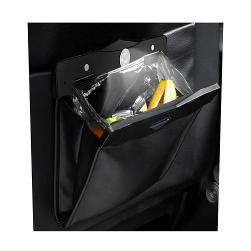 Gasedin Hanging Car Trash Bag, Foldable Magnetic Garbage Can with Smart LED for Front Back Seat, Multi-Functional Waterproof Leather Rubbish Bag Storage Pocket, Car Accessories (Black)