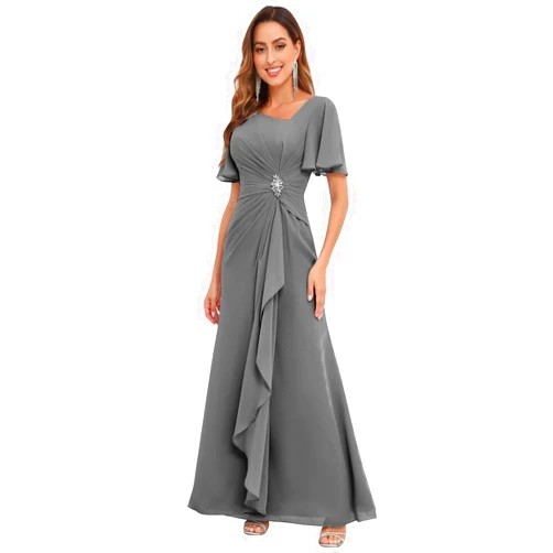 PRESEOSSA Chiffon Mother of The Bride Dresses with Sleeves V Neck Ruffles Beaded A Line Long Formal Wedding Guest Dress