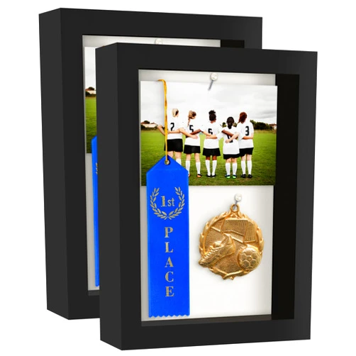Americanflat 5x7 Shadow Box Frame with Shatter-Resistant Glass - Set of 2 - Silhouette Collection - Shadow Box Display Case for Tabletop and Wall Display - Black with Soft Linen Back