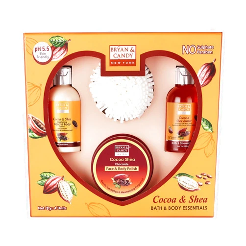 BRYAN & CANDY Cocoa Shea Combo Heart Kit Gift Set For Women And Men | (Shower Gel, Hand & Body Lotion, Body Polish, Loofah) 4 Count (Pack Of 1) Multicolor