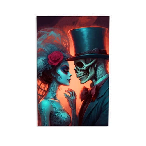 Reccmeny Skeleton Love Canvas Painting Wall Art Gothic Halloween Horror Spooky Poster Print Artwork Picture for Bedroom Room Decor 12x18inch(30x45cm) Unframe-1