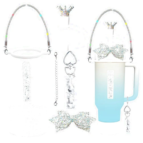 Ethlomoer 8Pcs Silvery Stanley Cup Accessories Set for Stanley Cup 30&40 Oz Tumbler - Silicone Straw Cover Cap and Boot, Handle Letter Charm, Bow Decoration Initial Sticker, Diamond Water Bottle Handle Strap(I)