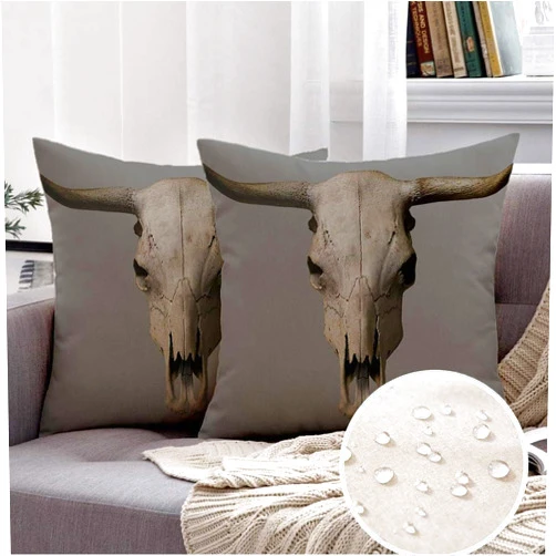 Meldeelm Set of 2 Outdoor Waterproof Decorative Linen Throw Pillow Covers Desert Steer Decay Cow Skull On Gray Anatomy Signs Symbols Textures Mammal Bovine Ox Cattle Old Farmhouse Cushion Cover 18×18 Inch
