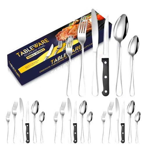 Esharcasy 24 Pieces Silverware Set with Steak Knives，Heavy Duty Stainless Steel Flatware Set for 4，Food-Grade Tableware Cutlery Utensil Set for Home Restaurant Wedding，Mirror Polished and Dishwasher Safe.