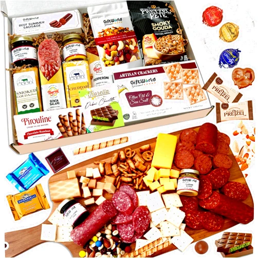 GiftWorld Deluxe Meat and Cheese Gift Basket - Gourmet Charcuterie Assortment Charcuterie Food Items with Imported Chocolates Lindt, Ghirardelli, and Dubai Chocolate, Food Gifts for Men, Tailgating, Business, Care Packages, Holiday Special, and Christmas Gifts - 19 item Bundle