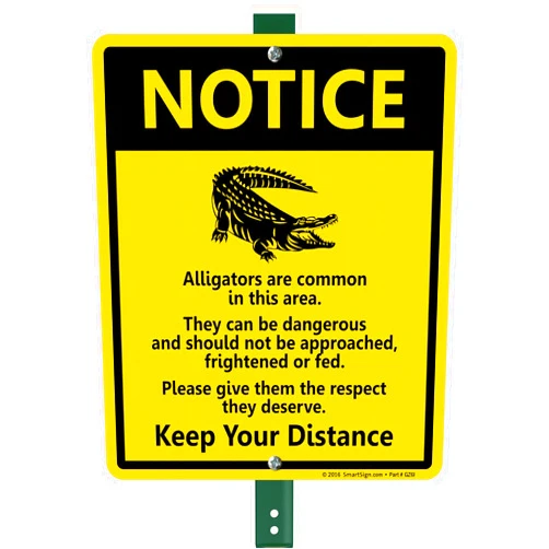 SmartSign 12 x 10 inch “Notice - Alligators Are Common In This Area - Keep Your Distance” Yard Sign with 3 Foot Stake, 40 mil Laminated Rustproof Aluminum, Black and Yellow, Made in USA