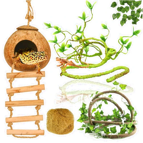 RUNANIA Crested Gecko Tank Accessories, Reptile Vines and Plants Coco Hut Coconut Shell with Ladder Hideout Cave Habitat Decor for Climbing Lizard Leopard Gecko Tortoise Amphibians Hermit Crab