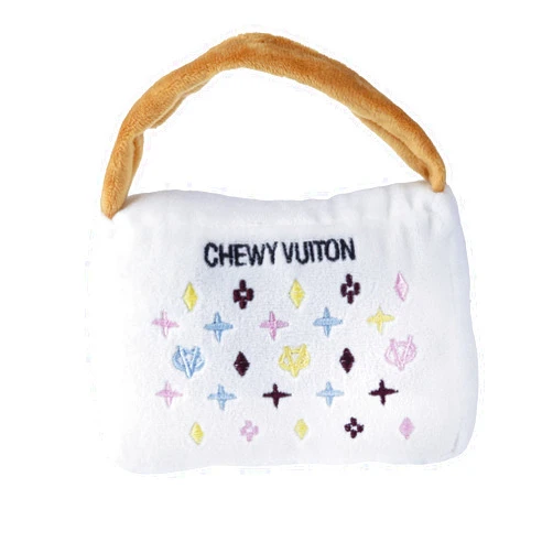 Haute Diggity Dog Chewy Vuiton White Purse, Plush Designer Dog Toys with Interactive Squeaker, Stimulating Pet Enrichment, Machine-Washable & Safe Materials for All Breeds, Size Medium