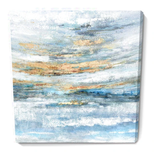 Nicetop Bathroom Wall Art Abstract Canvas Art Print Framed Modern Blue Ocean Picture Small Coastal Sunset & Sunrise Artwork for Sea Lake Themed Home Bedroom Décor 14x14inch