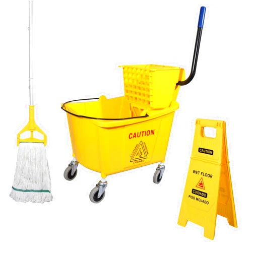 Midoneat Side Press Wringer Combo Commercial Mop Bucket on Wheels, 35 Quart,Yellow, Including Wet Floor Caution Sign（24Inch） and One Industrail Mop