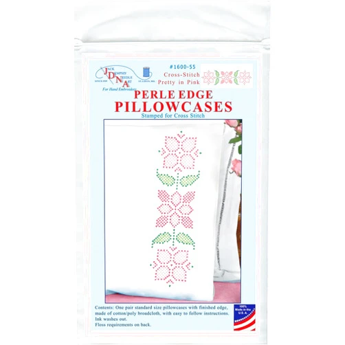 Jack Dempsey Needle Art Jack Dempsey Stamped Pillowcases W/White Perle Edge 2/Pkg - Cross-Stitch Pretty in Pink