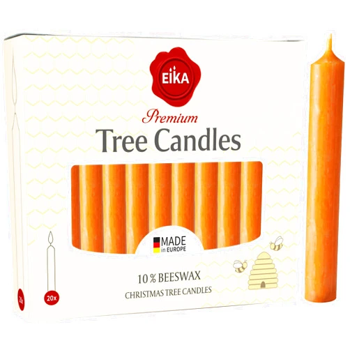 Eika Premium 10% Beeswax Tree Candles - Pack of 40 Honey Colored Natural Christmas Wax Candles for Pyramids, Carousels & Chimes - Made in Europe