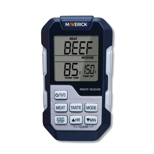 Maverick Single Probe BBQ Thermometer & Timer, Pre-Programmed Temps for 9 Meats, Color-Changing Display, Heat-Resistant Probe (662°F), Count-Up/Down Timer, Audible & Visual Alerts, Magnetic