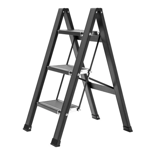 PZ PEZE 3-Step Ladder Folding Foot Herringbone Multipurpose Ladder, Lightweight Home Storage Ladder, Aluminum Portable Step Stool, Suitable for Home, Office, Warehouse, Retail Multipurpose. (Black)