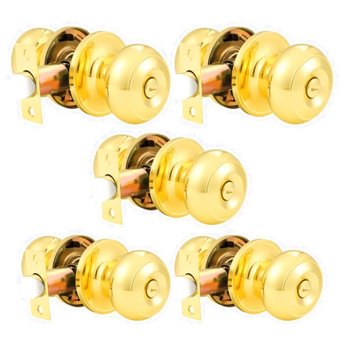 Probrico Privacy Door Knobs Lock Interior Bedroom Bathroom Door Handle Polished Brass Round Ball Keyless Lockset 5 Pack