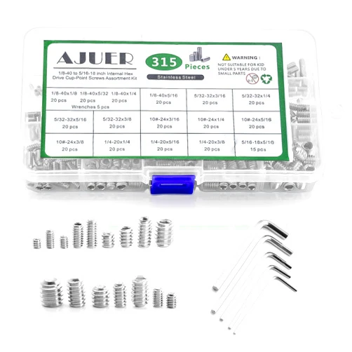AJUER 315pcs 16 Sizes,1/8-40 to 5/16-18 Standard SAE Allen Head Socket Hex Grub Screw Set 304 Stainless Steel Internal Hex Drive Cup-Point Screws Assortment Kit with 5pcs Hex Wrenches