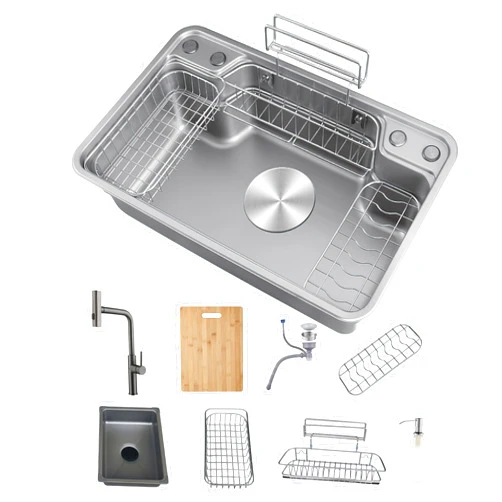 DuyviSteil Drop in Kitchen Sink, Stainless Steel Topmount Single Bowl Kitchen Sinks Workstation with Pull-out Faucet, Drain Kit and Various Drainage Baskets－31