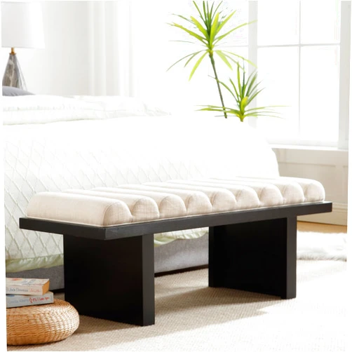 HEAH-YO Modern Bench,47” Width End of Bed Bench with Cylindrical Cushion and Wood Legs,Upholstered Linen Beige Fabric Entryway Bench for Living Room,Black Legs