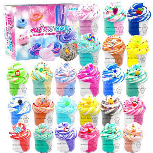 Wtelnbton Slime Set Butter Slime Kit 24 Packed Two-Toned Scented Containers, Assorted Colors and Designs，Soft and Bouncy Non-Sticky Slime Party Gifts for Girls and Boys