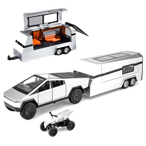 EROCK 1/32 Pickup Truck and Trailer Toys with Light and Pull Back, Alloy Diecast Pickup Trailer RV Model Kit, Diecast Model Car Toy Truck and Trailer for Boys Adults as Birthday Gifts (Silver)